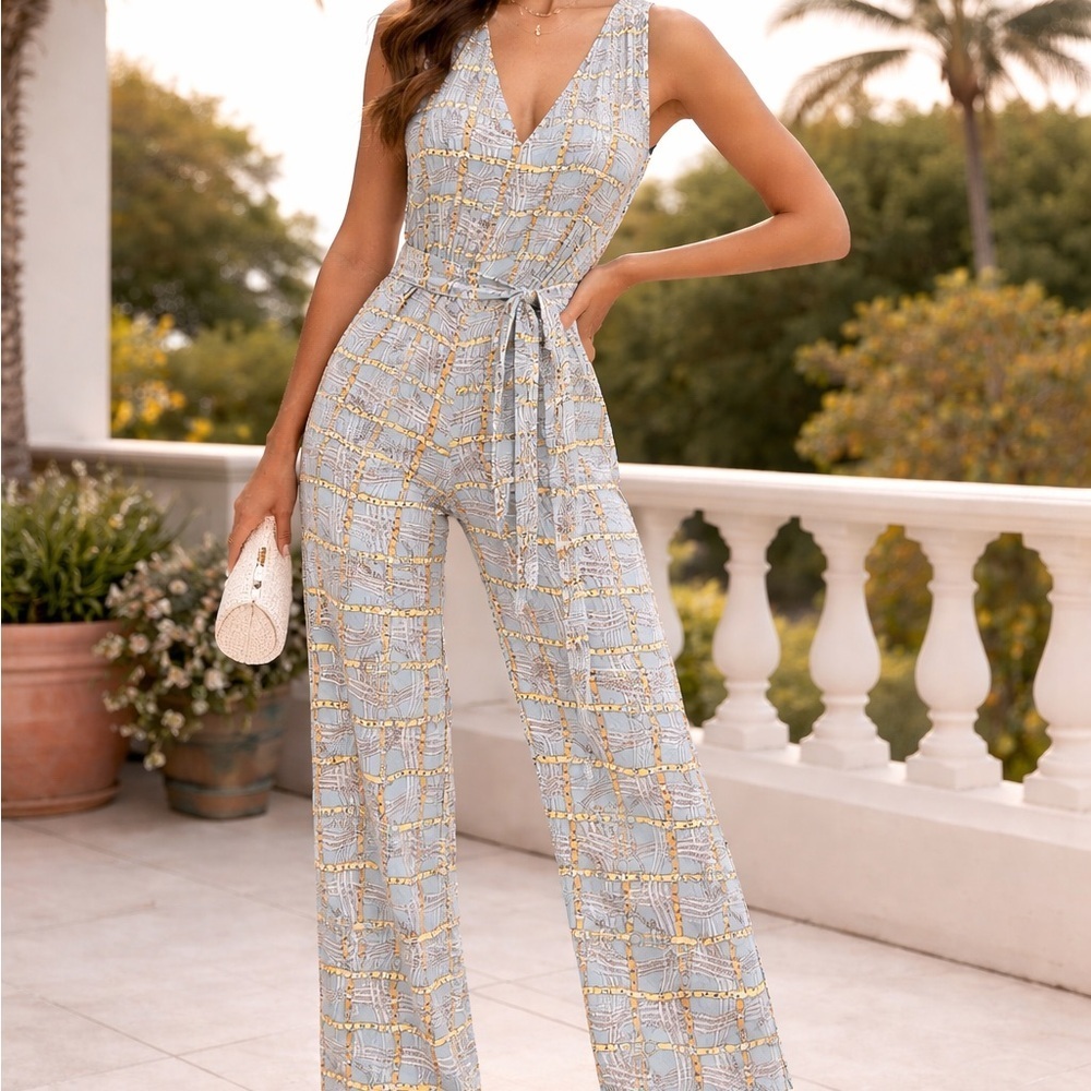 Analili Chic Blue and Gold Patterned Jumpsuit